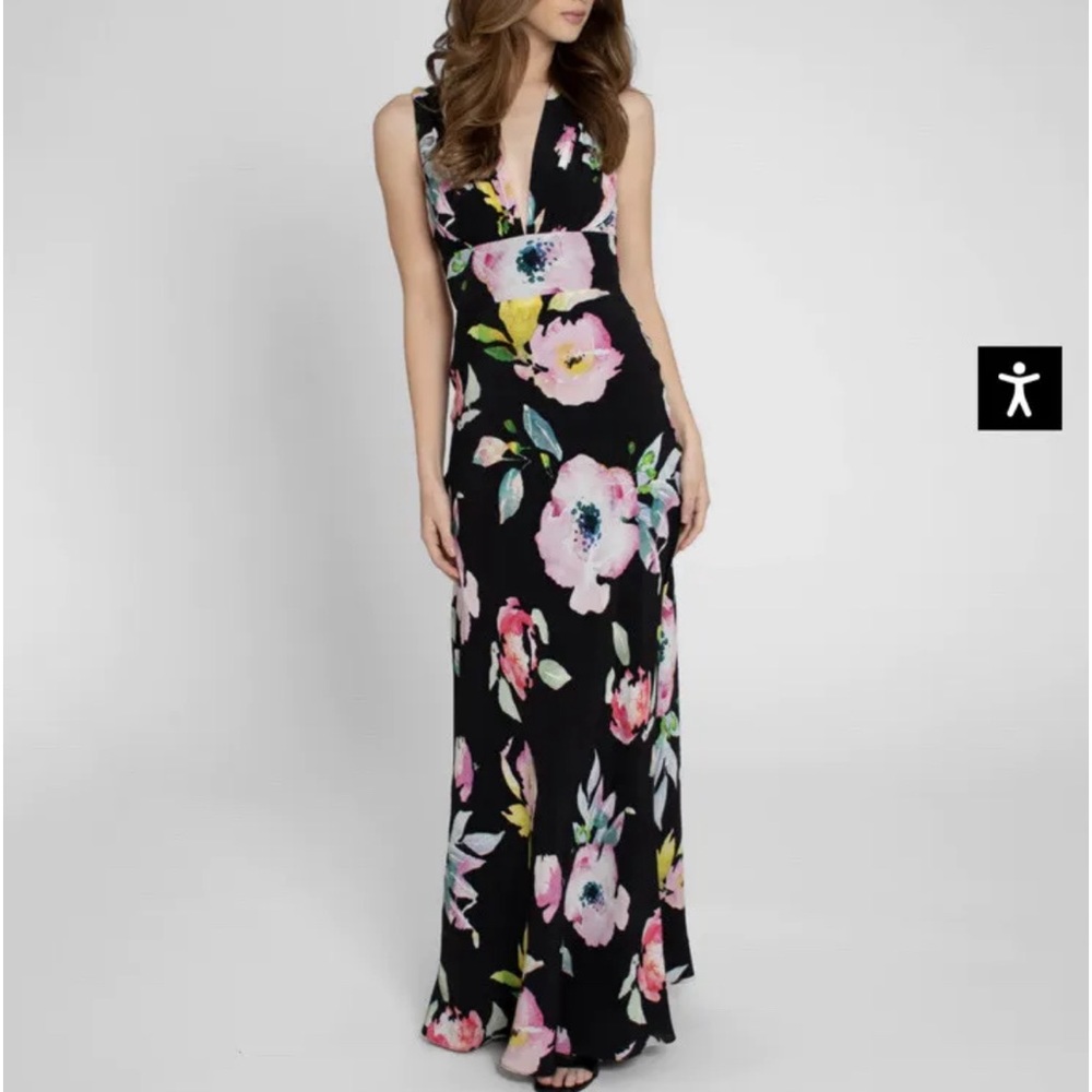 Nicole Miller Silk Floral Open Back Maxi Dress Gown Black Multi NWT